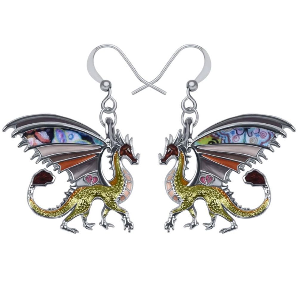 Silver and Multicolor Enamel Mythical Dragon Dangling French Wire Hook Earrings